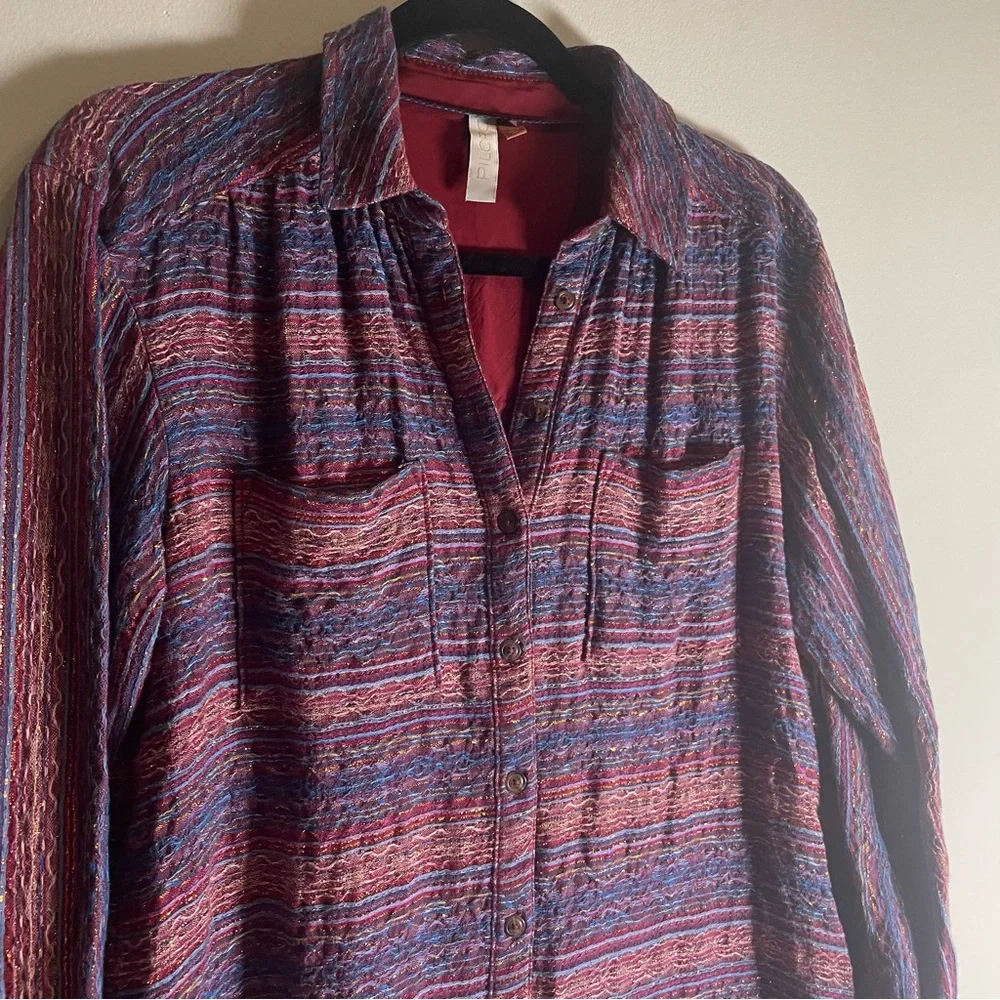 Pilcro Anthropologie Seamed Tunic Buttondown in Metallic Plum Small Wool Blend - Picture 6 of 10